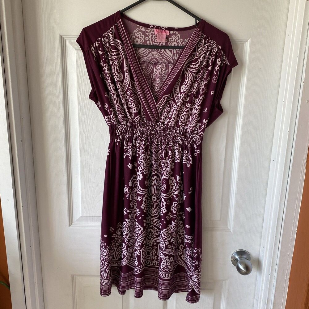 She’s Cool Purple Floral Dress Small Ruffled Short V Neck Capped Sleeve